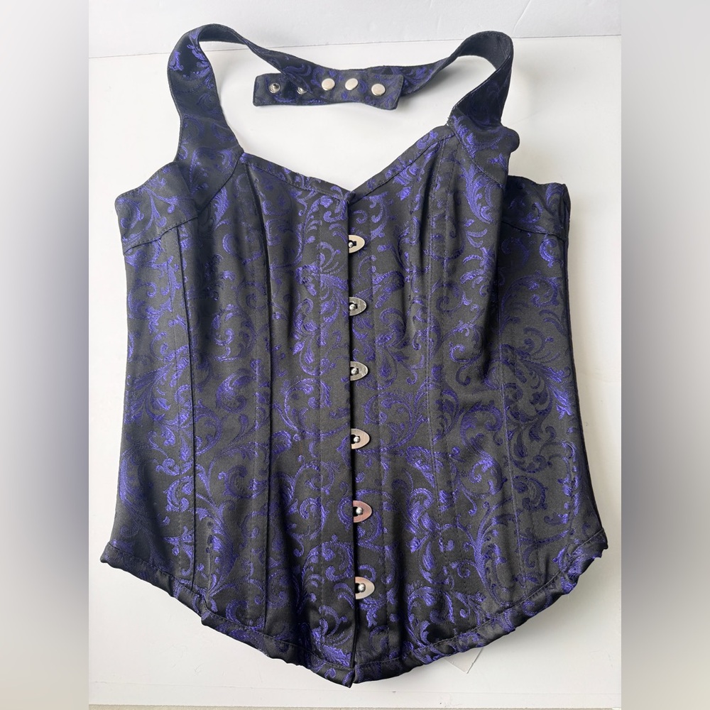 Women's Purple and Black Damask Overbust Corset Steel Boned Halter Neck 28" Punk